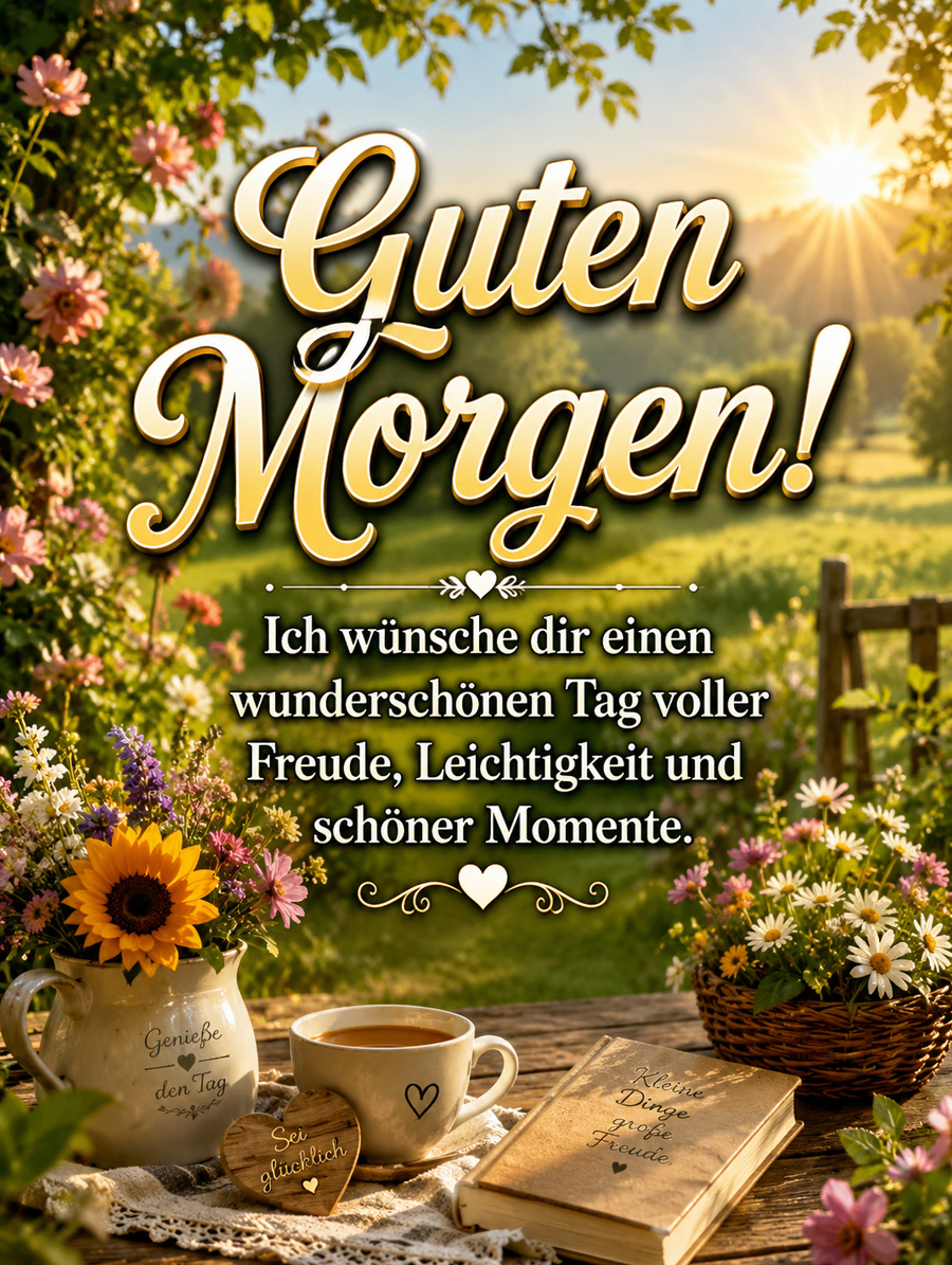 Guten Morgen Bild mit Sommerblumen und herzlichen Wünschen für einen schönen Tag