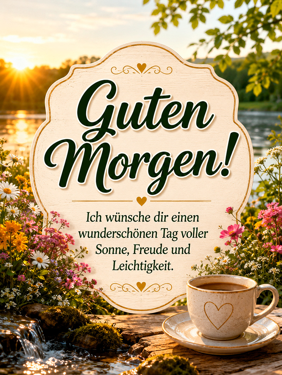 Guten Morgen Grüße für den Sommer mit blühenden Blumen, warmem Sonnenschein und liebevollen Wünschen für einen glücklichen und erfolgreichen Tag