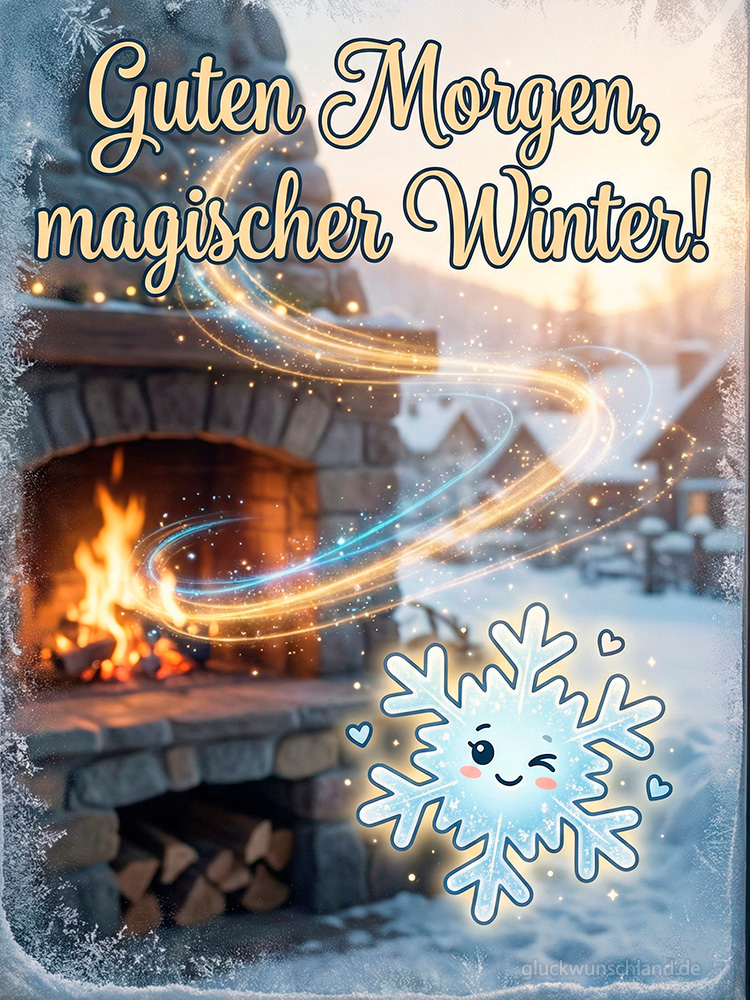 Guten Morgen magischer Winter Gruß mit niedlicher Schneeflocke und Kamin