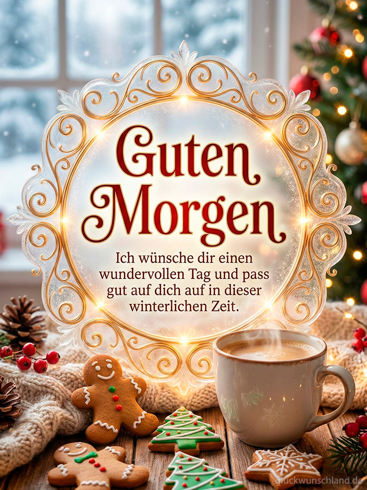 Guten Morgen Wintergruß mit Lebkuchenplätzchen, heißem Kaffee und festlichem goldenen Rahmen