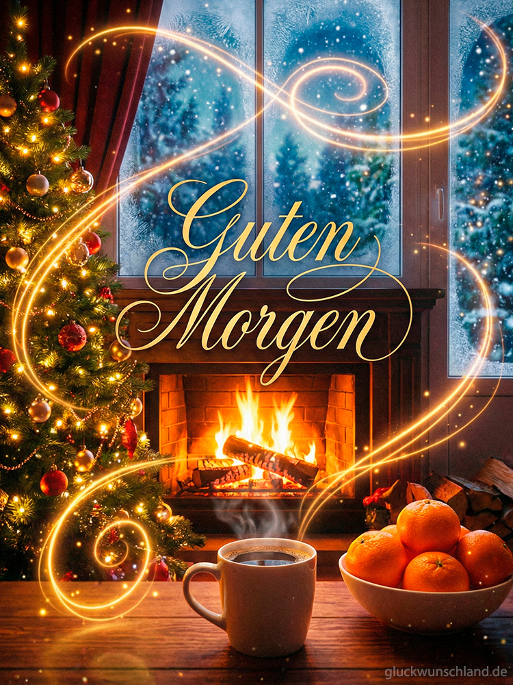 Guten Morgen Weihnachtsgruß mit Kamin, Weihnachtsbaum und magischen Lichtspiralen