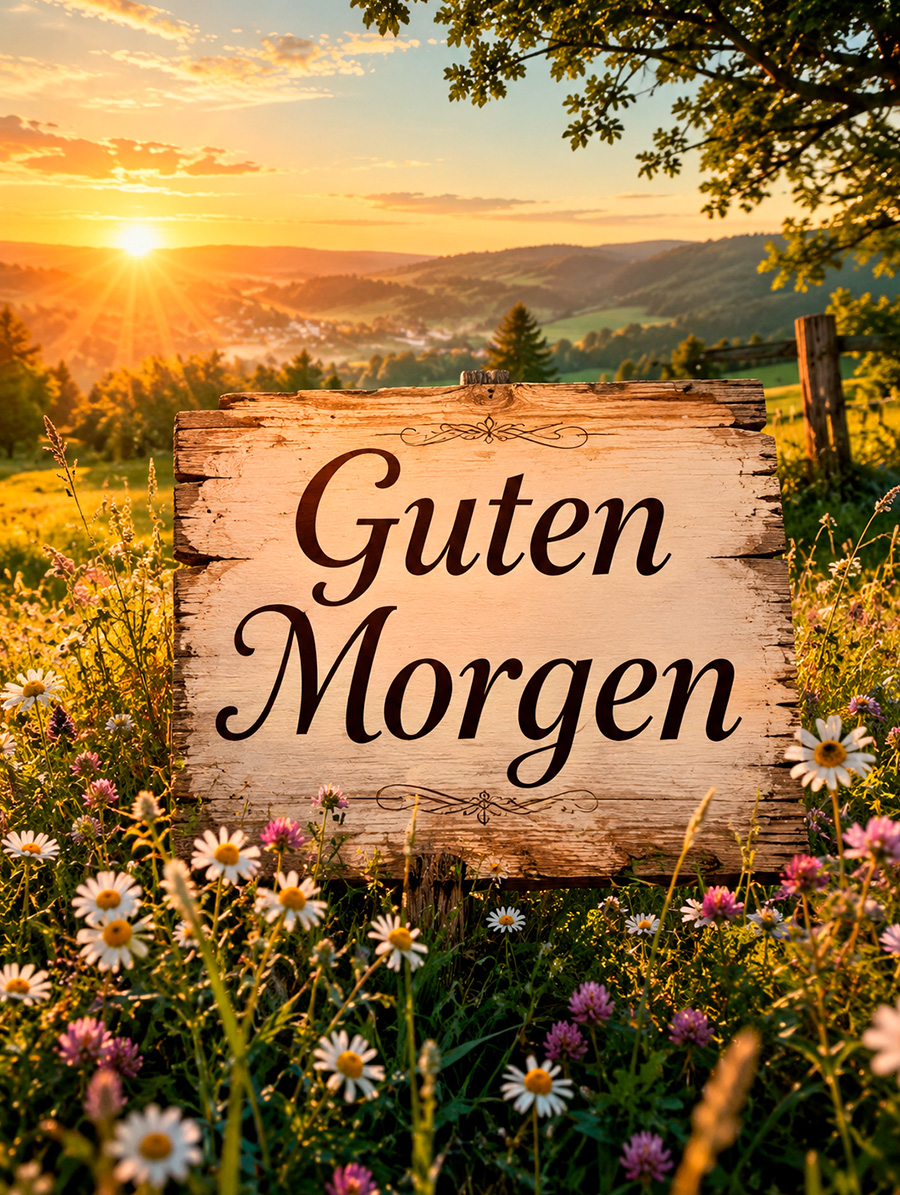 Sommerliches Guten Morgen Bild mit Sonnenstrahlen, Blumen und inspirierenden Wünschen für einen wunderschönen Tag